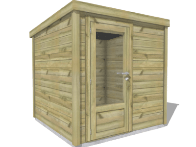 a wooden shed with a door